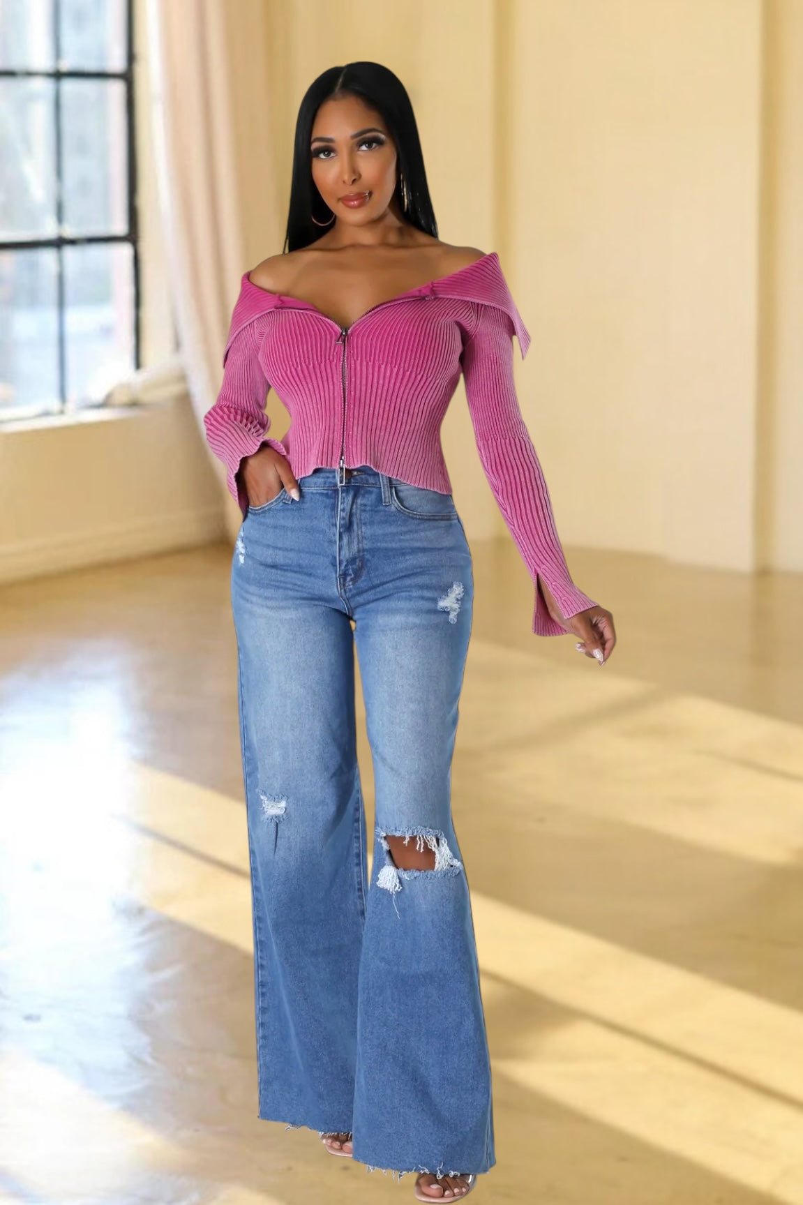 Malena Double Zipper Knit Sweater Fuchsia
