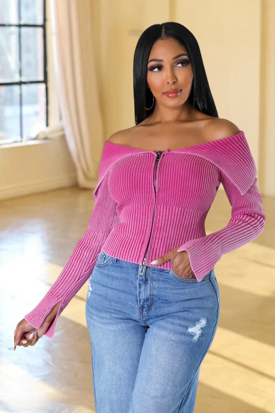 Malena Double Zipper Knit Sweater Fuchsia