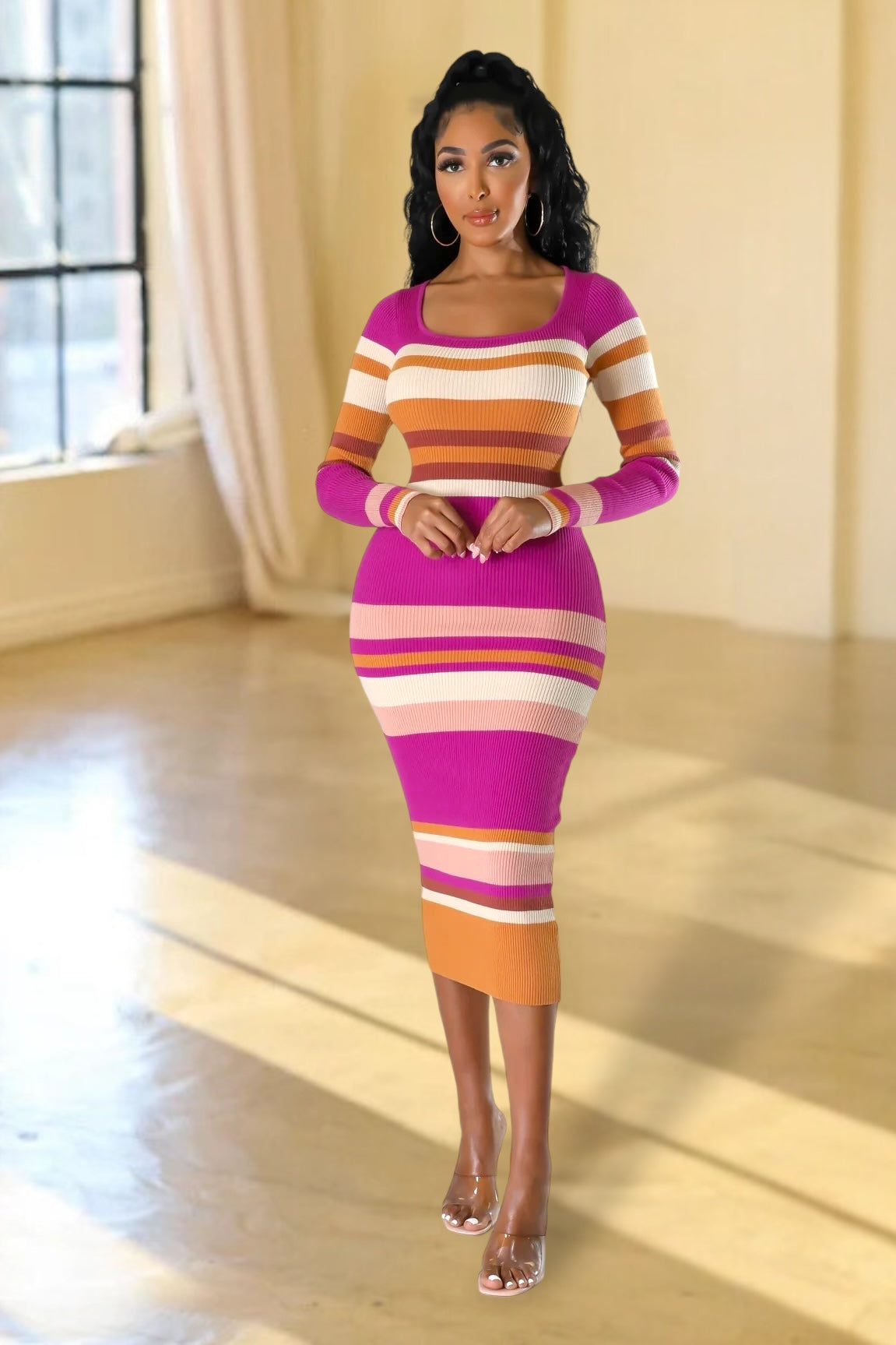 Fall In Line Striped Midi Dress Magenta
