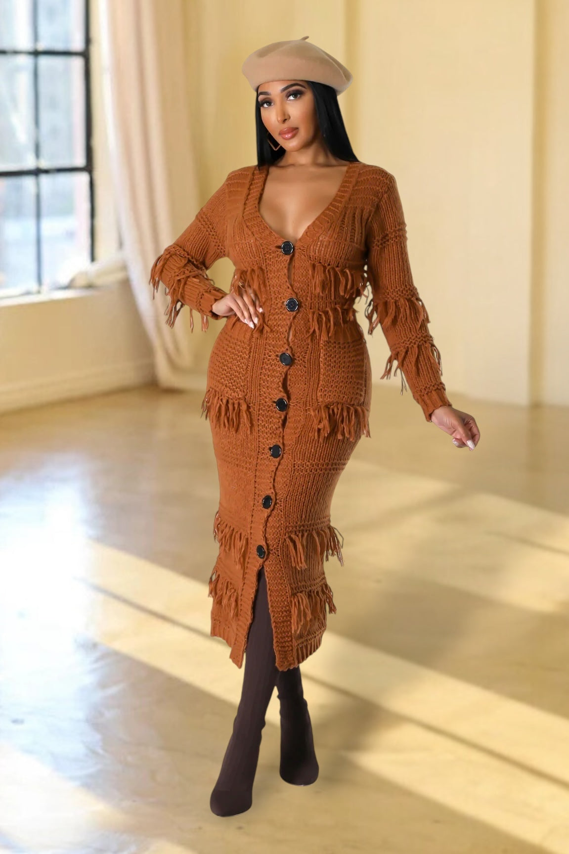 Womack Fringe Sweater Midi Dress Rust | Alis Couture, Medium Womack Fringe Sweater Midi Dress Rust | Alis Couture, Medium