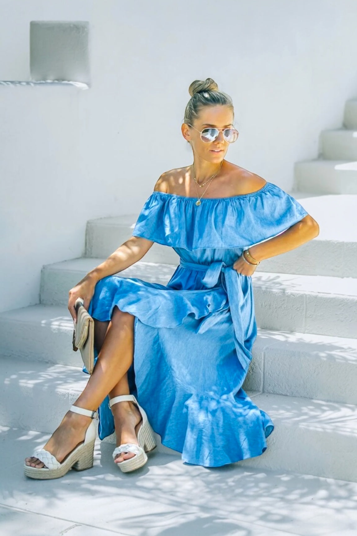 Sadie Off The Shoulder Chambray Maxi Dress Blue - Ali’s Couture