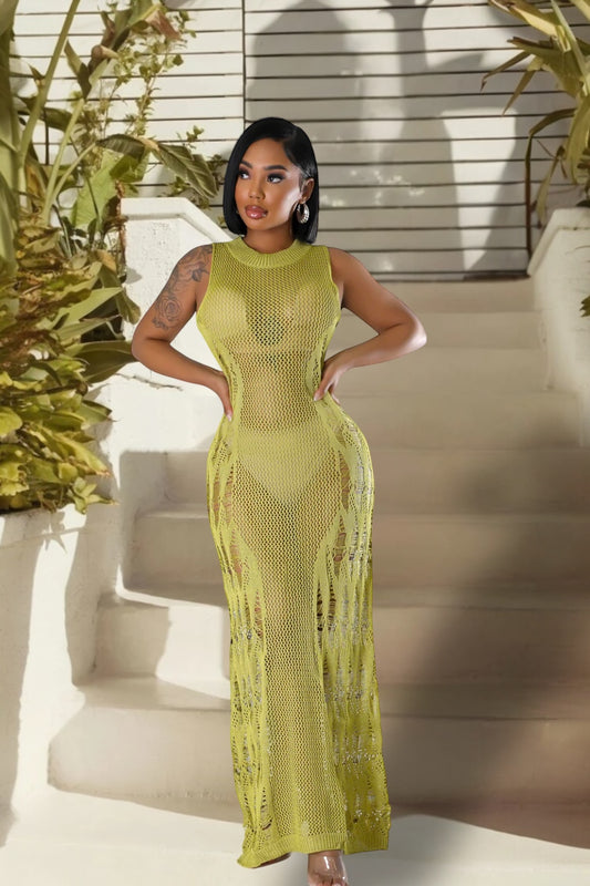 Ibiza Bound Crochet Cover Up Maxi Dress Chartreuse - Ali’s Couture
