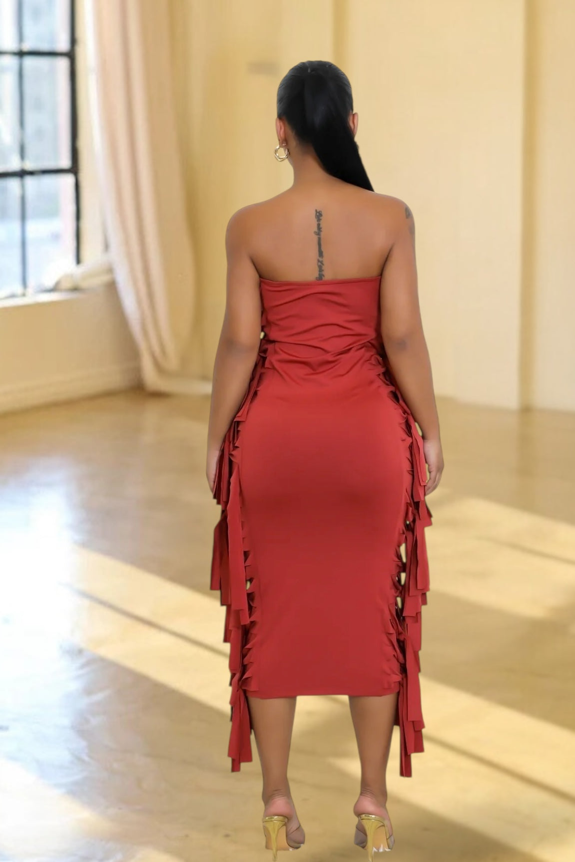 Kena Fringe Tube Midi Dress Brick - Ali’s Couture