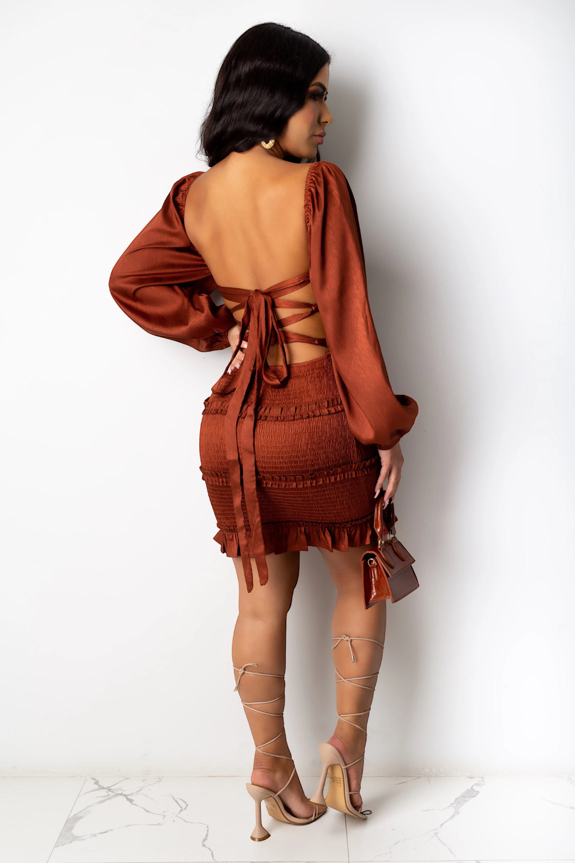 Hidden Gem Smocked Satin Mini Dress Rust - Ali’s Couture