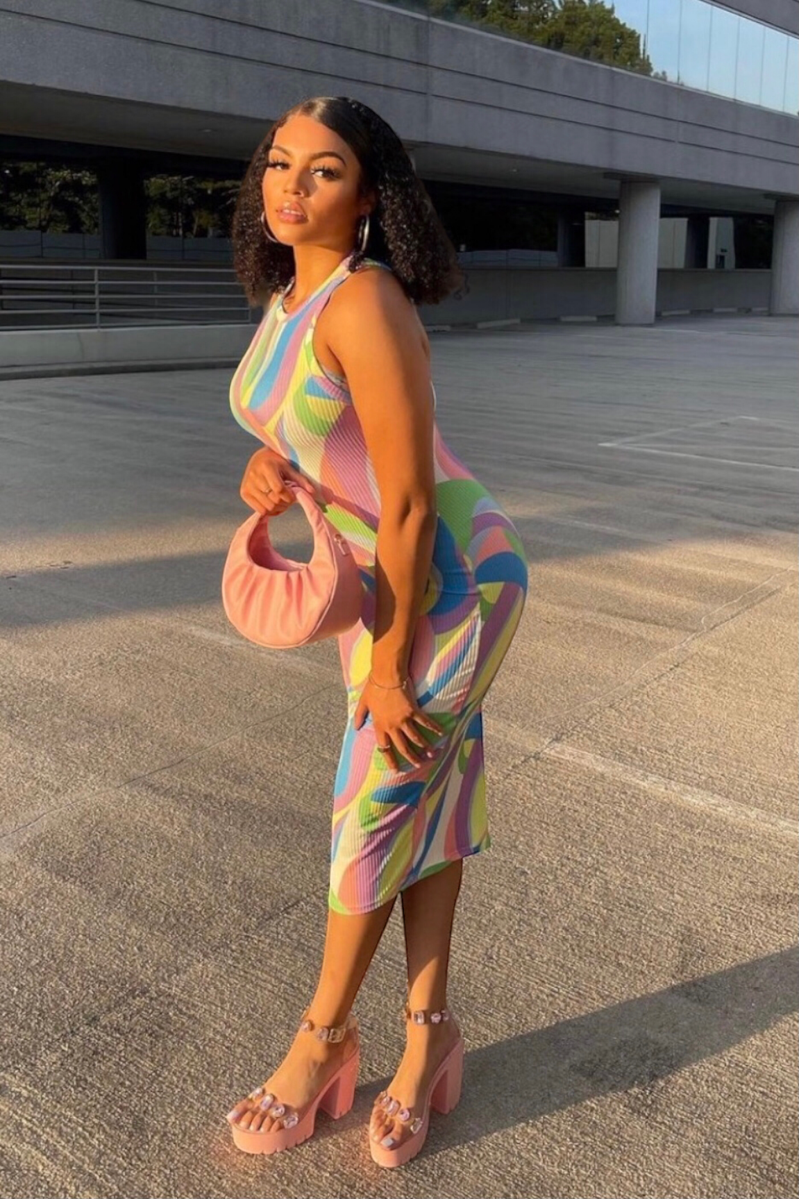 Spring Festival Ribbed Printed Midi Dress Multi Blue - Ali’s Couture