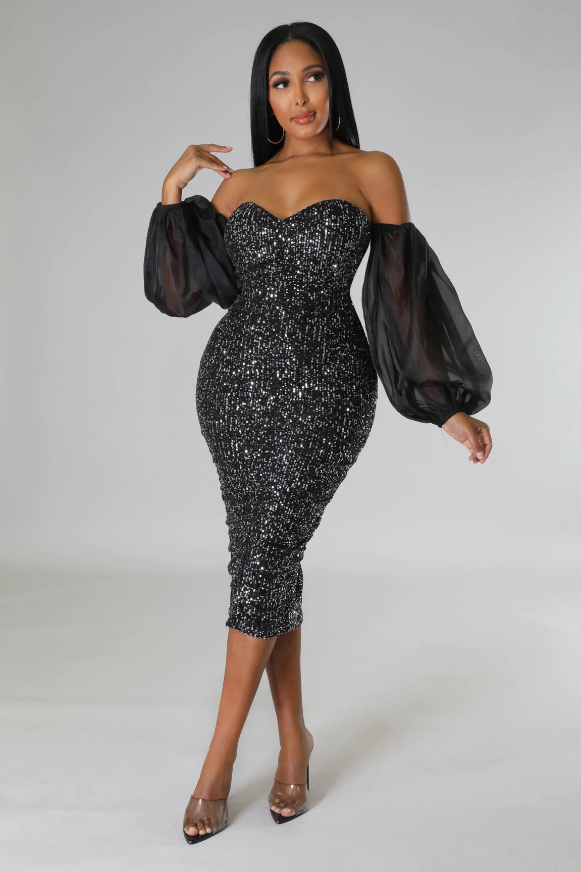 Champagne Baby Sequin Midi Dress Black - Ali’s Couture