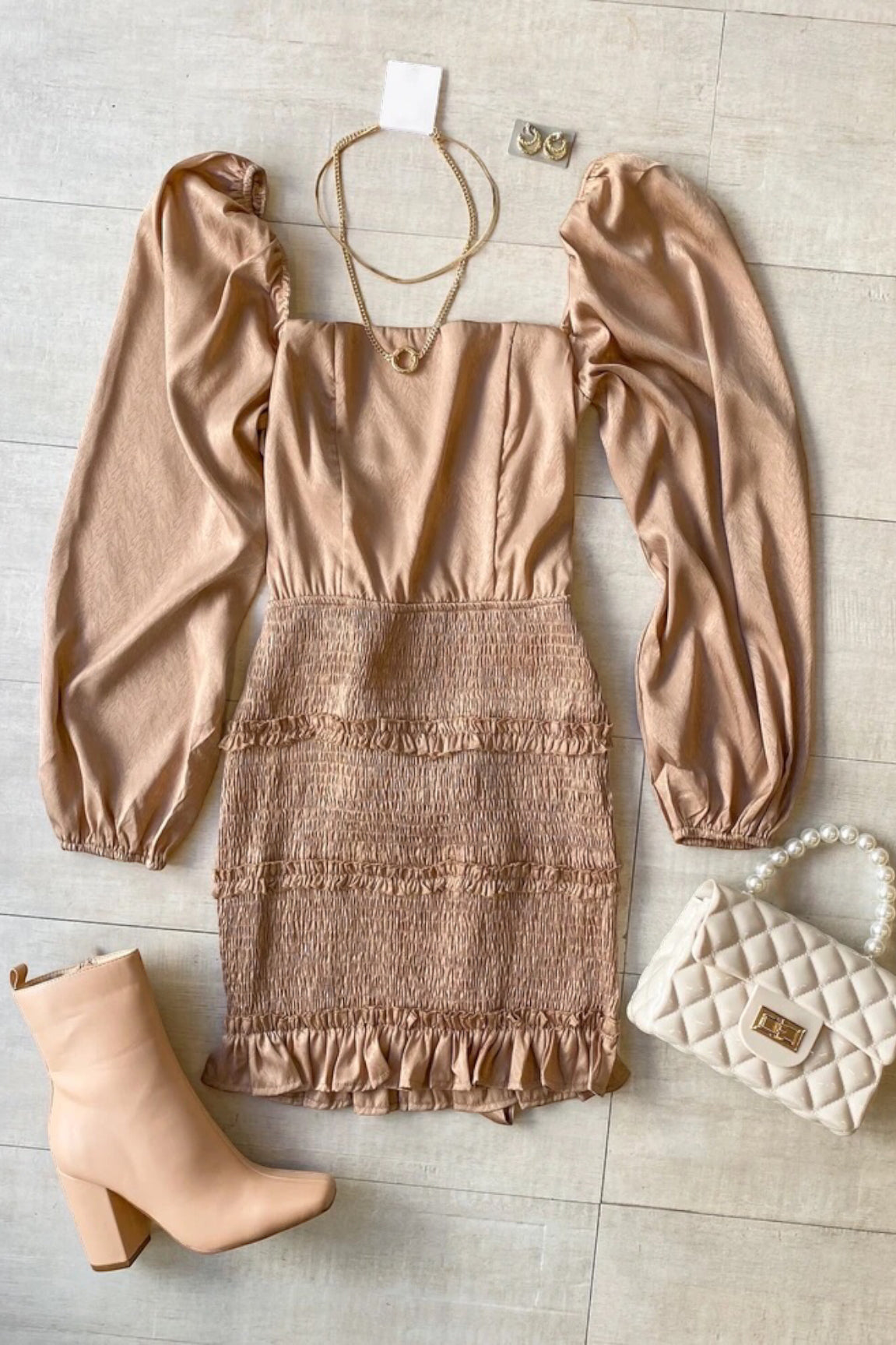 Hidden Gem Smocked Satin Mini Dress Champagne - FINAL SALE - Ali’s Couture