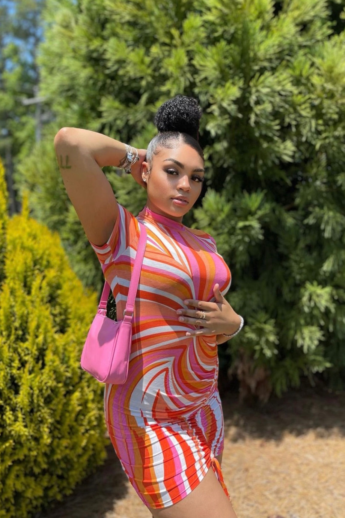 Spring Groove Ruched Printed Mini Dress Multicolor Orange - Ali’s Couture