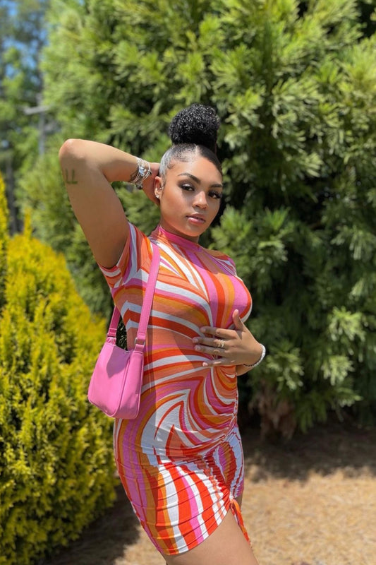 Spring Groove Ruched Printed Mini Dress Pink - FINAL SALE - Ali’s Couture