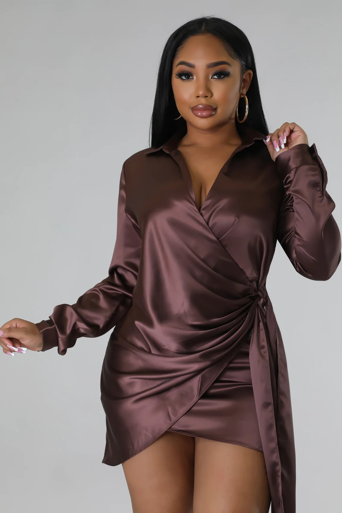 Chloe Satin Wrap Mini Dress Brown | Ali's Couture, Medium Chloe Satin Wrap Mini Dress Brown | Ali's Couture, Medium