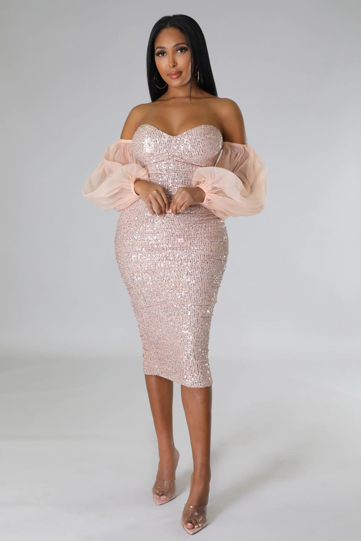 Champagne Baby Sequin Midi Dress Blush - Ali’s Couture