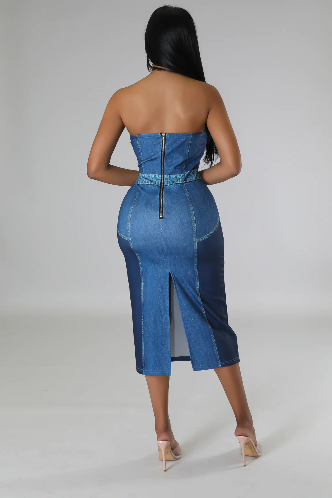 Paxton Strapless Denim Print Midi Dress Blue - Ali’s Couture