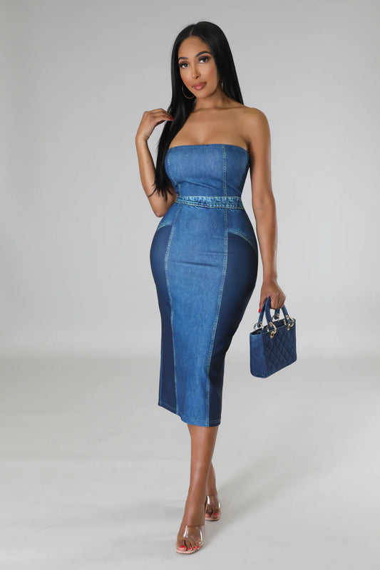Paxton Strapless Denim Print Midi Dress Blue - Ali’s Couture