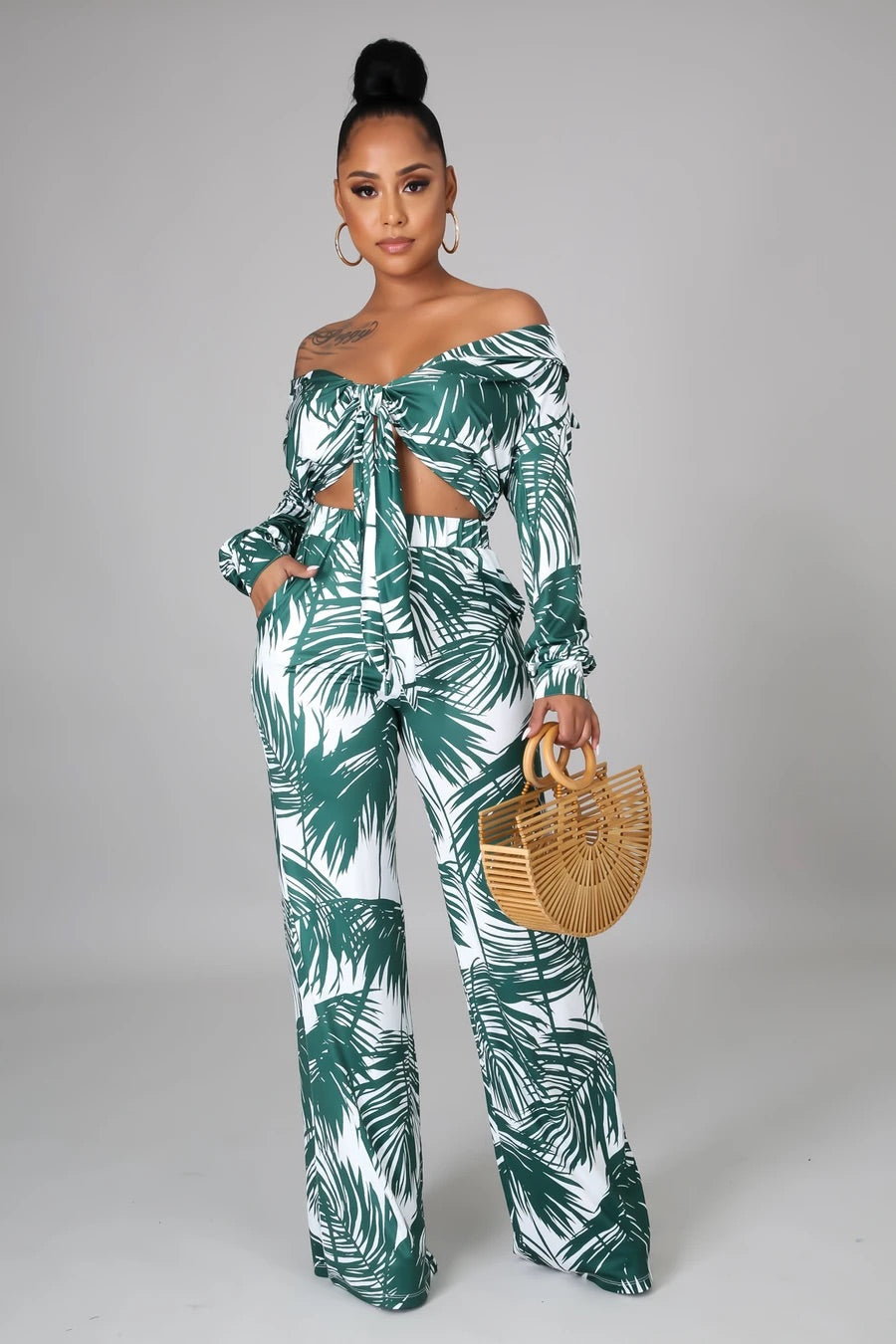 Palmas Crop Top Tropical Pant Set Multicolor Green - Ali’s Couture