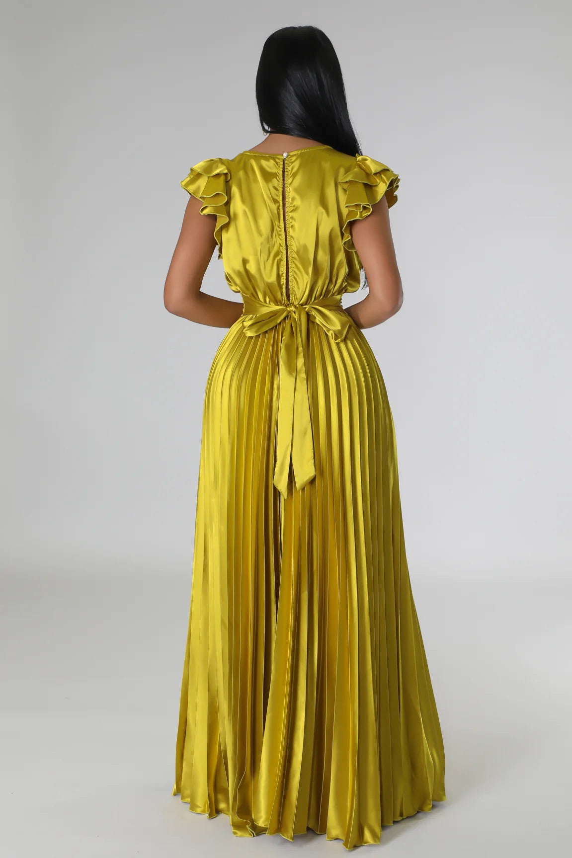 Chantal Satin Pleated Maxi Dress Chartreuse - Ali’s Couture