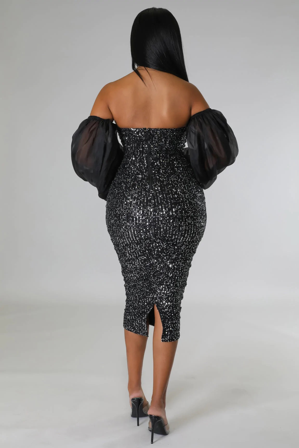 Champagne Baby Sequin Midi Dress Black - Ali’s Couture