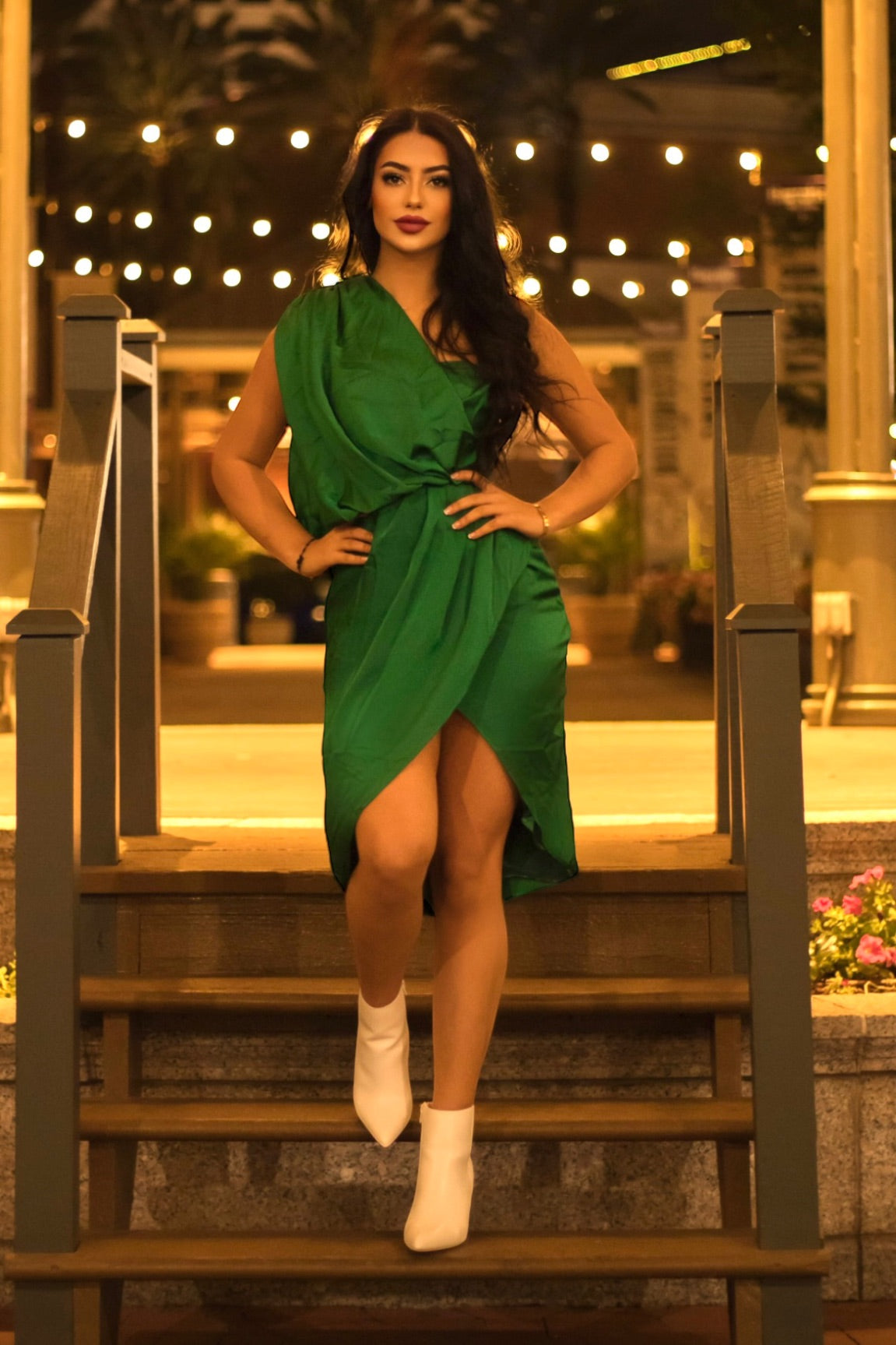 Champagne Toast One Shoulder Satin Midi Dress Green - Ali’s Couture