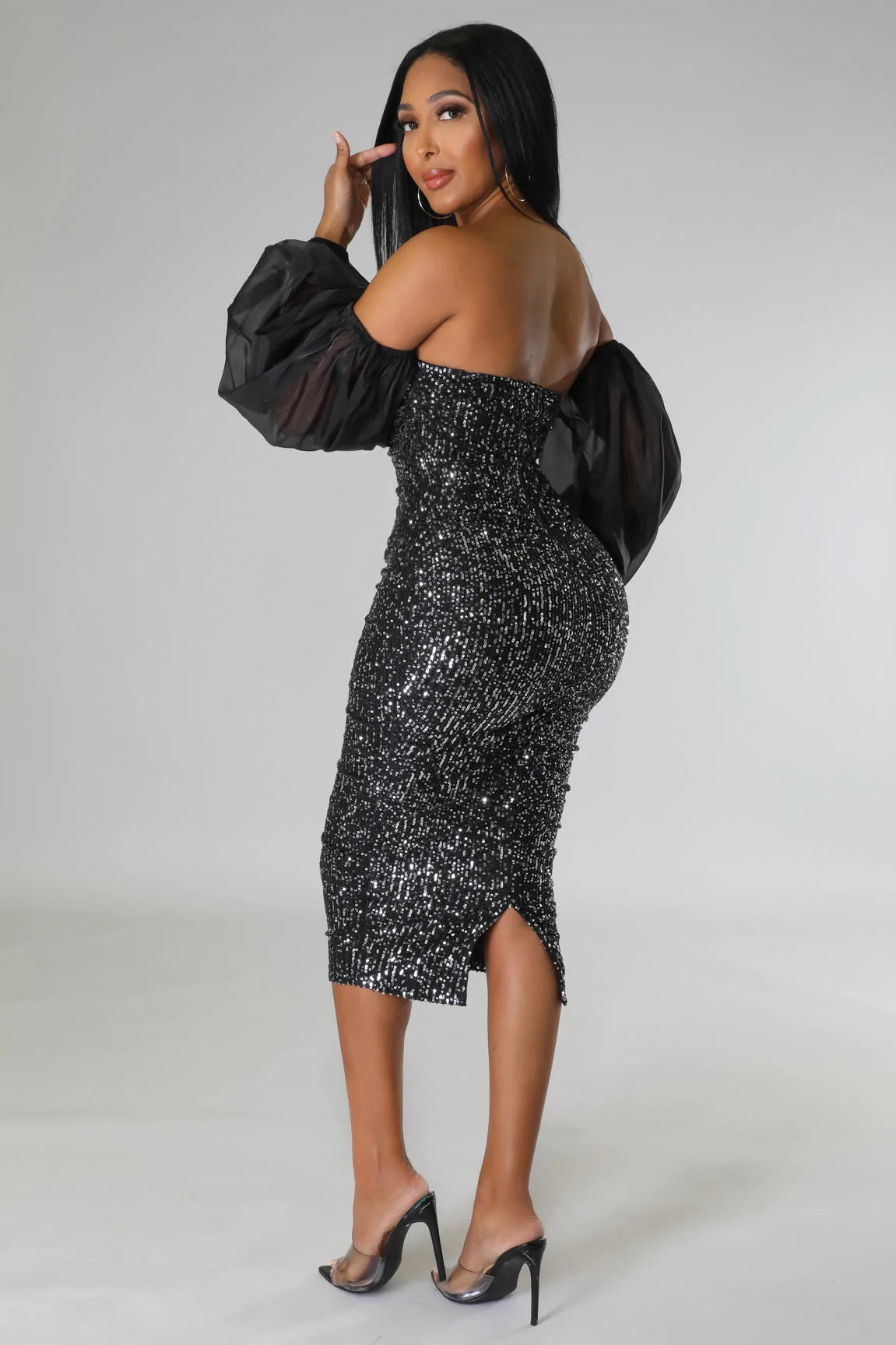 Champagne Baby Sequin Midi Dress Black - Ali’s Couture
