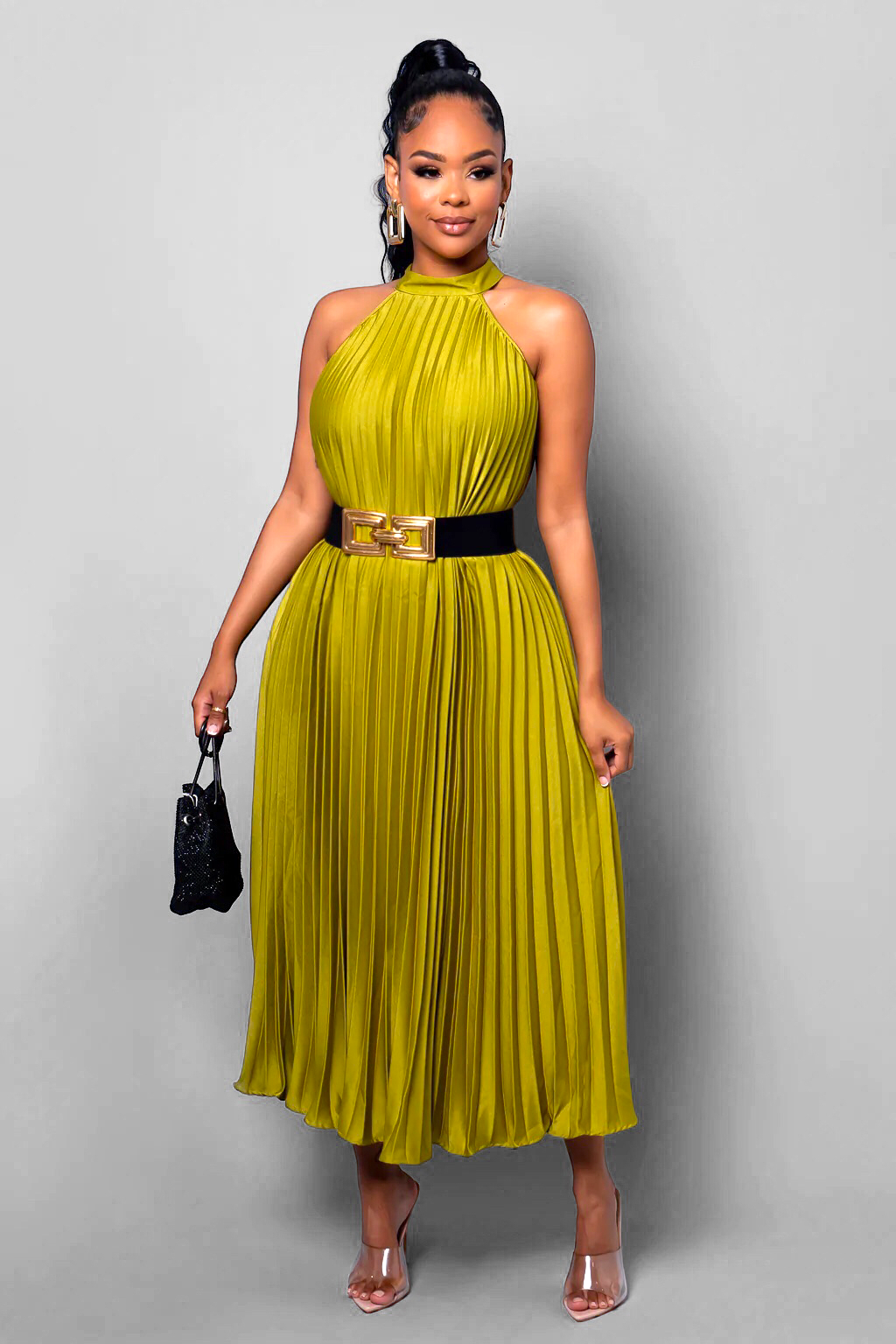 Delilah Pleated Midi Dress Apple Green - Ali’s Couture