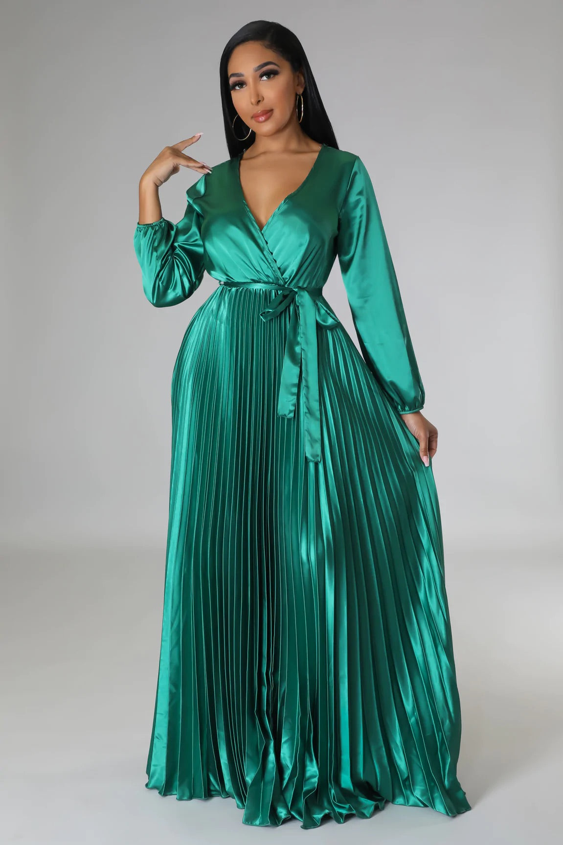 Glowing Love Satin Pleated Maxi Dress Green | Alis Couture, Small Glowing Love Satin Pleated Maxi Dress Green | Alis Couture, Small