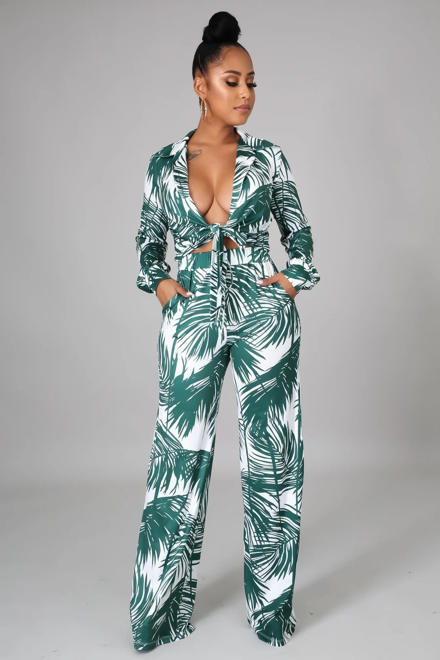 Palmas Crop Top Tropical Pant Set Multicolor Green - Ali’s Couture