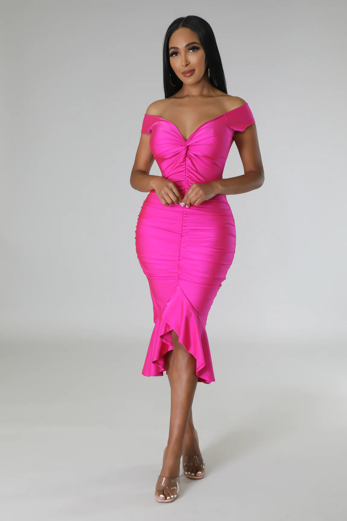 Cambria Satin Off The Shoulder Midi Dress Fuchsia - Ali’s Couture
