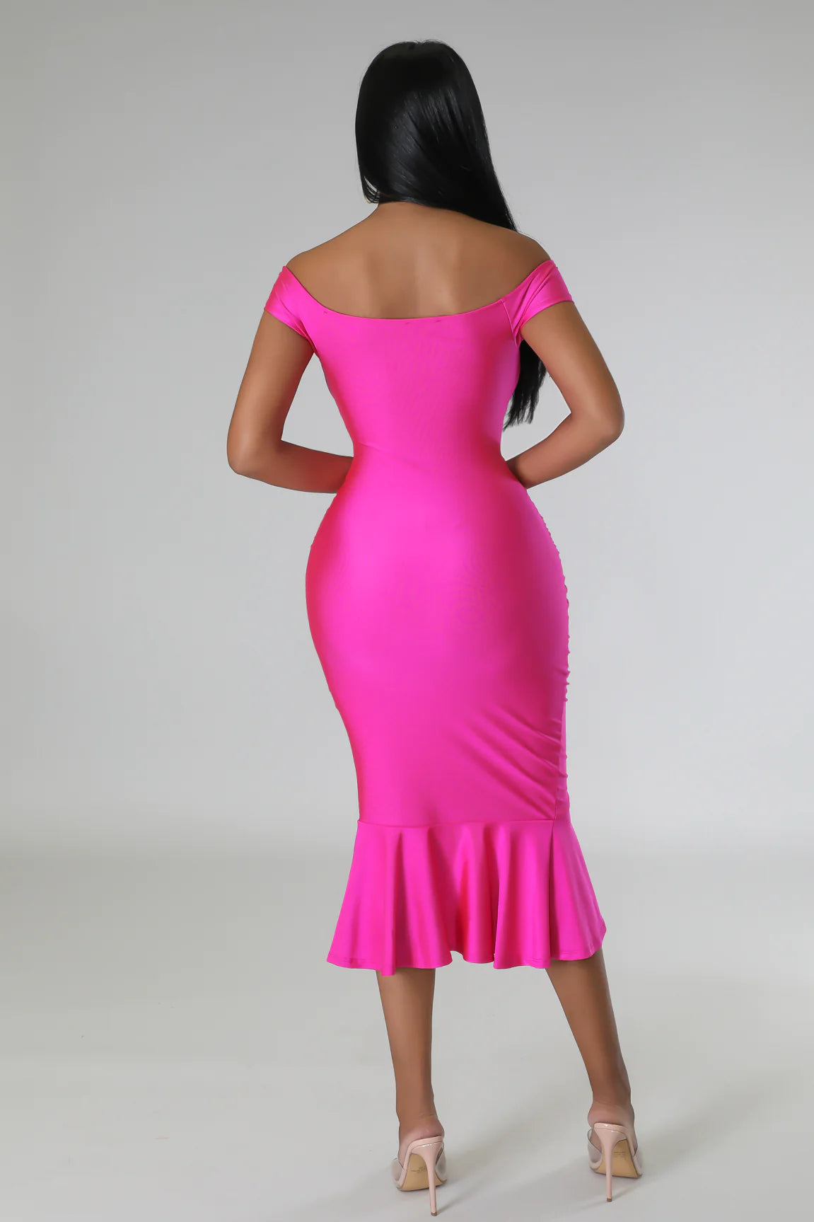 Cambria Satin Off The Shoulder Midi Dress Fuchsia - Ali’s Couture