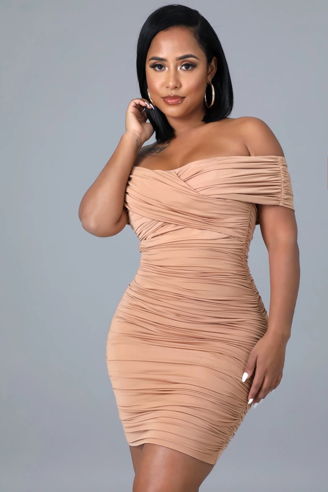 All Wrapped Up Off The Shoulder Mini Dress Mocha - Ali’s Couture