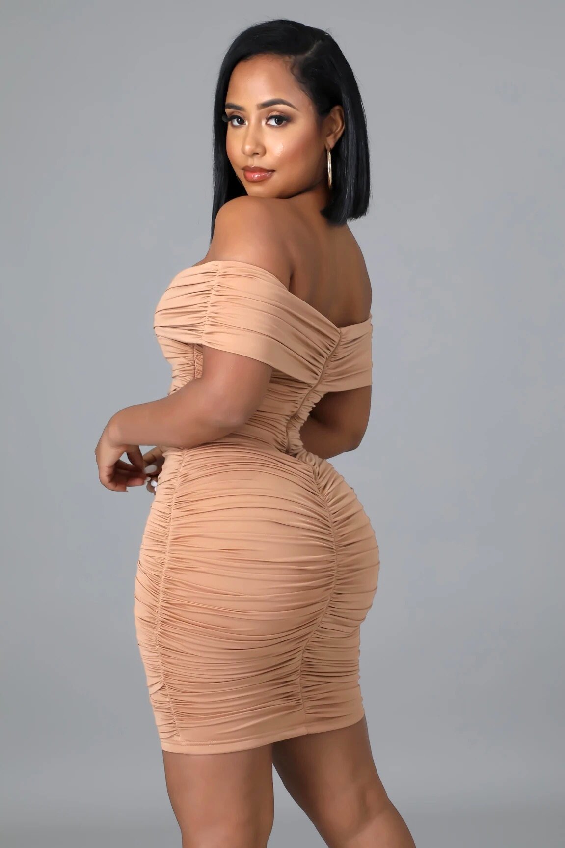 All Wrapped Up Off The Shoulder Mini Dress Mocha - Ali’s Couture