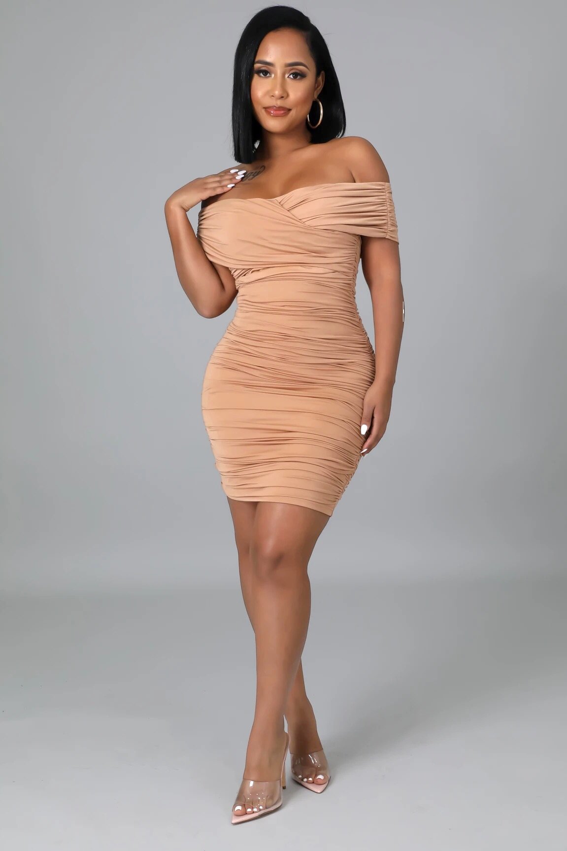 All Wrapped Up Off The Shoulder Mini Dress Mocha - Ali’s Couture