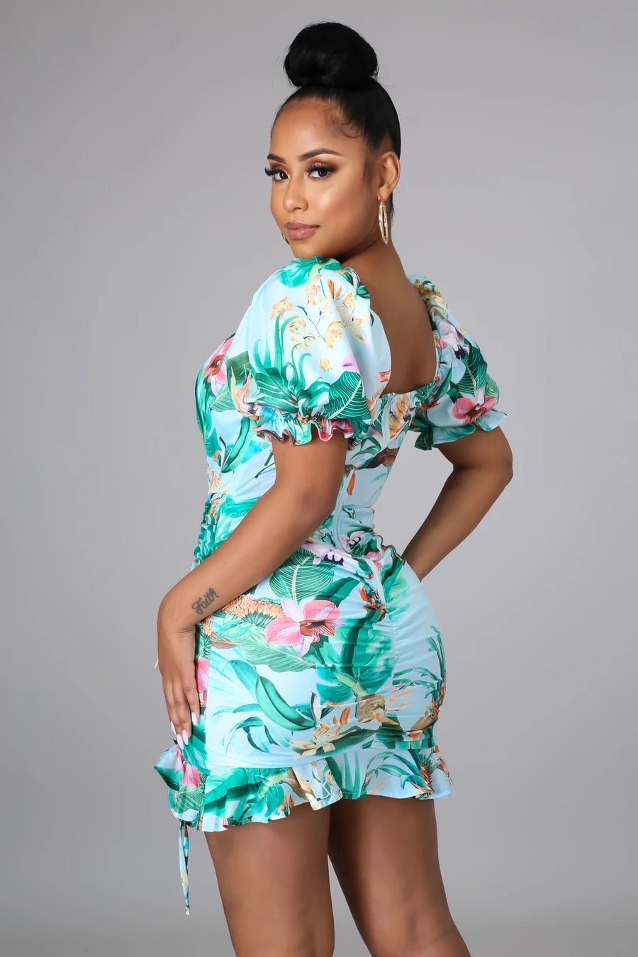 Aquafina Puffy Sleeve Tropical Mini Dress Blue - Ali’s Couture