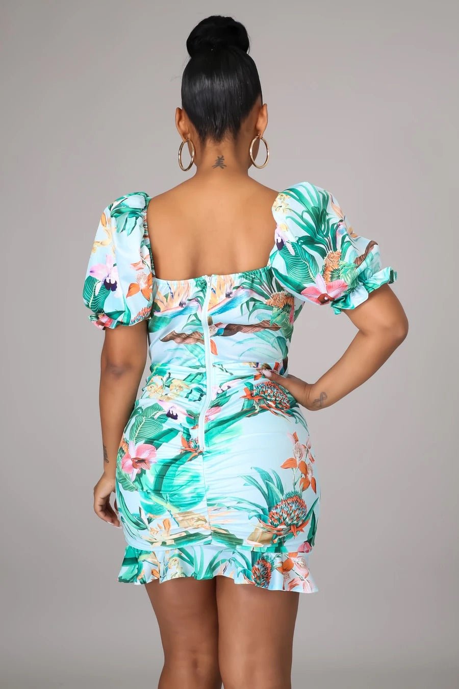 Aquafina Puffy Sleeve Tropical Mini Dress Blue - Ali’s Couture