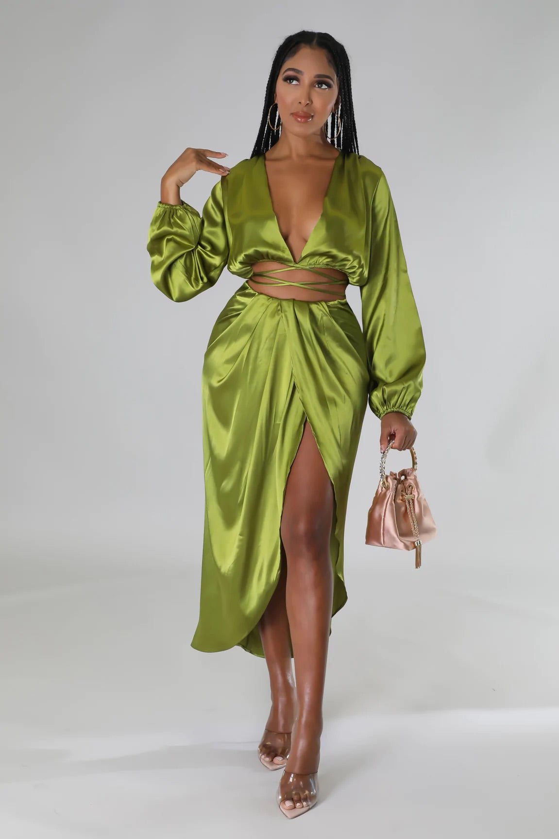 Aurelle Satin Skirt Set Olive - Ali’s Couture