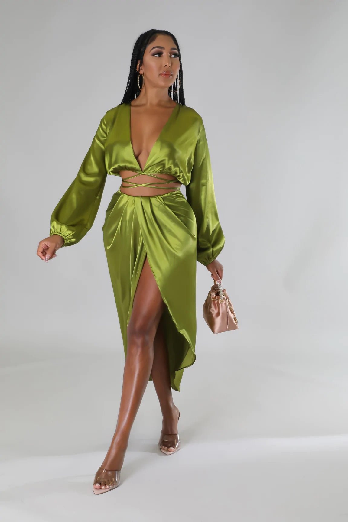 Aurelle Satin Skirt Set Olive - Ali’s Couture