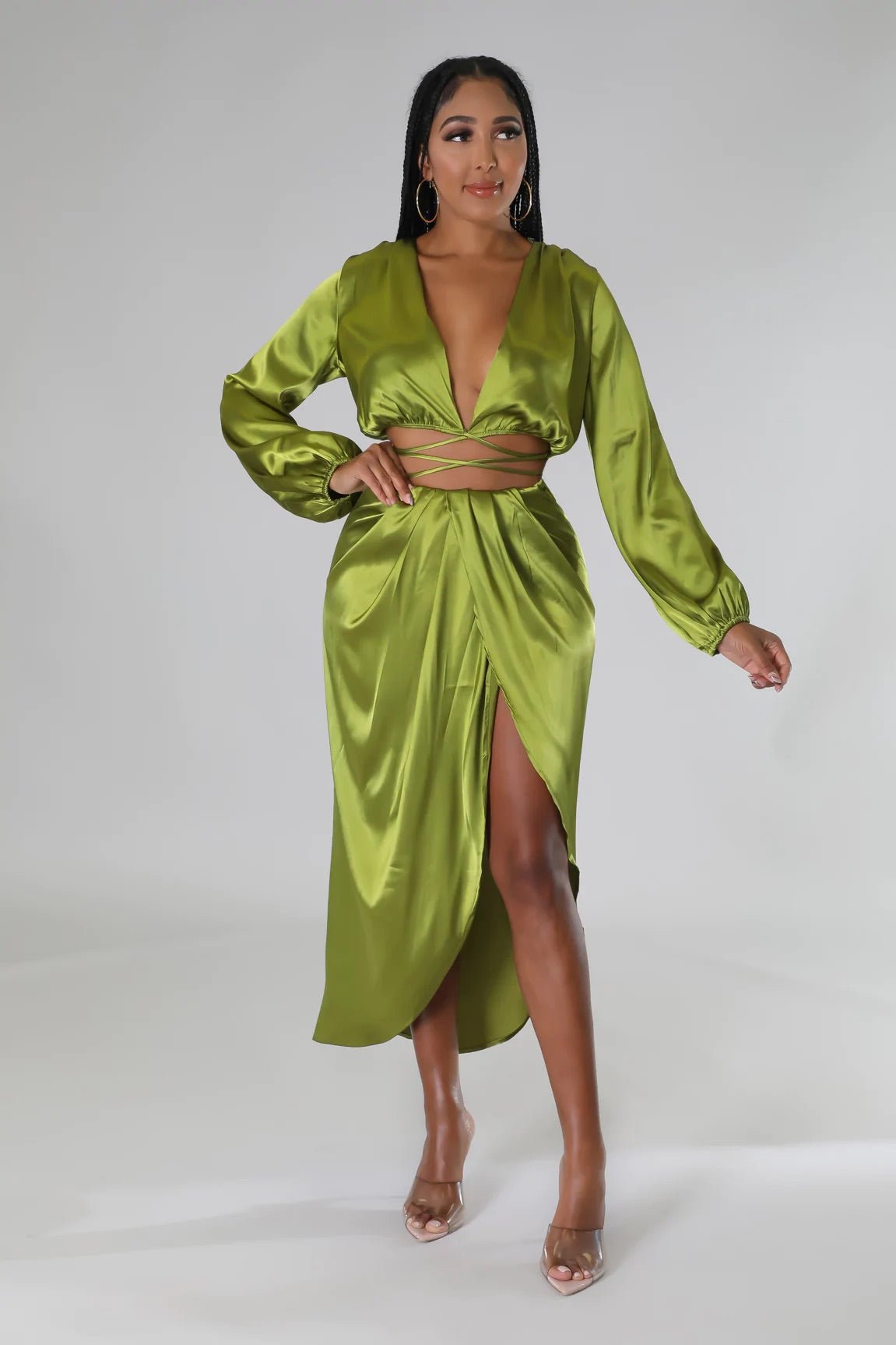 Aurelle Satin Skirt Set Olive - Ali’s Couture