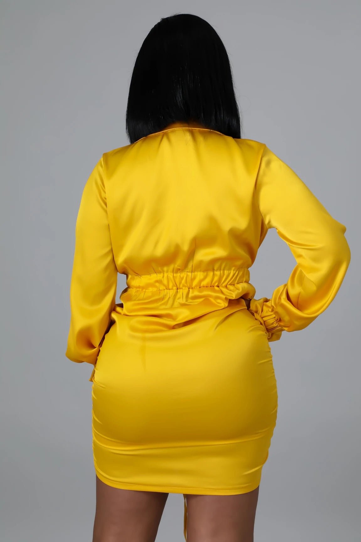 Ayla Long Sleeve Ruched Satin Mini Dress Yellow - FINAL SALE - Ali’s Couture