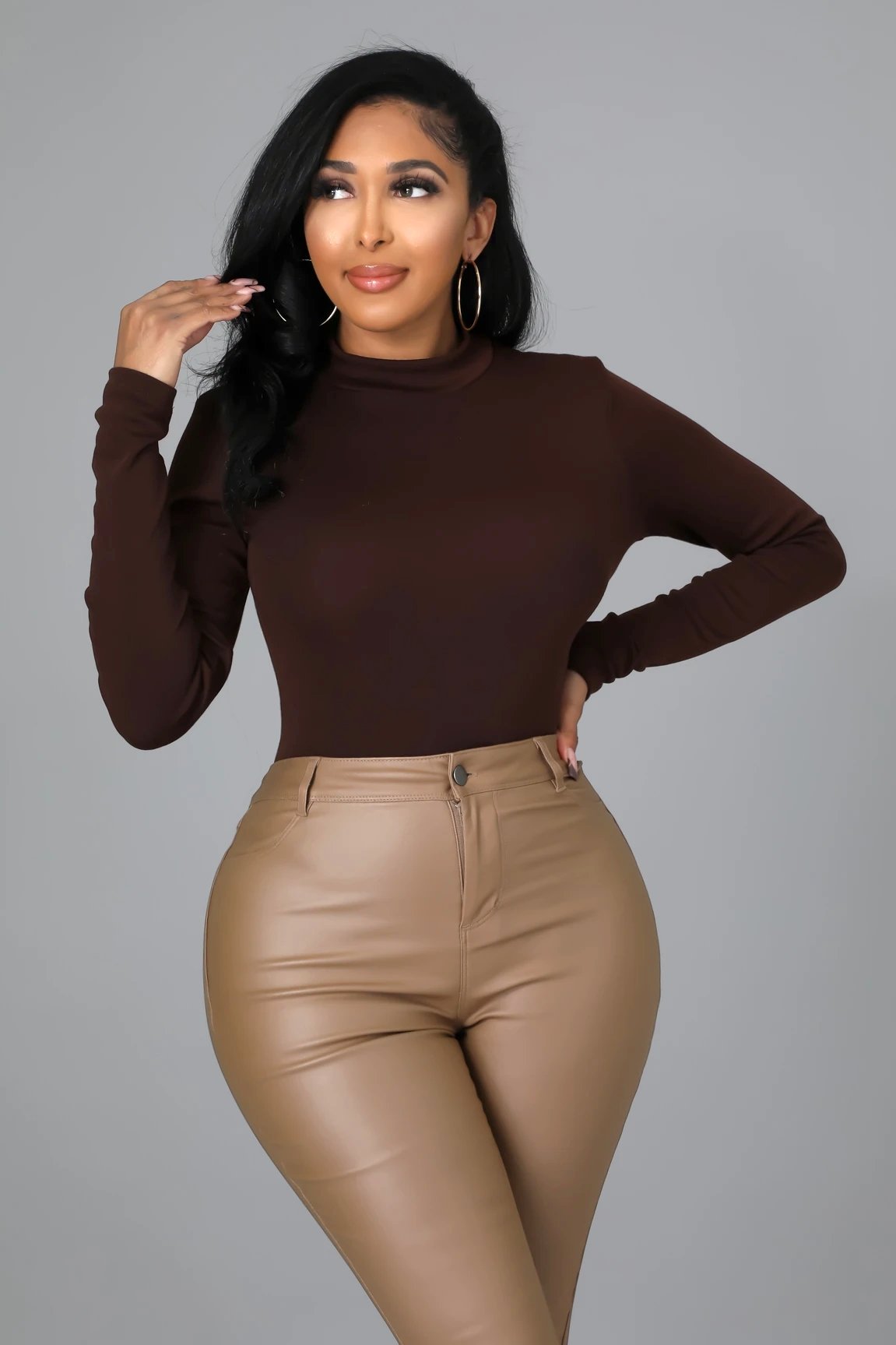 Bella Long Sleeve Bodysuit Brown - Ali’s Couture