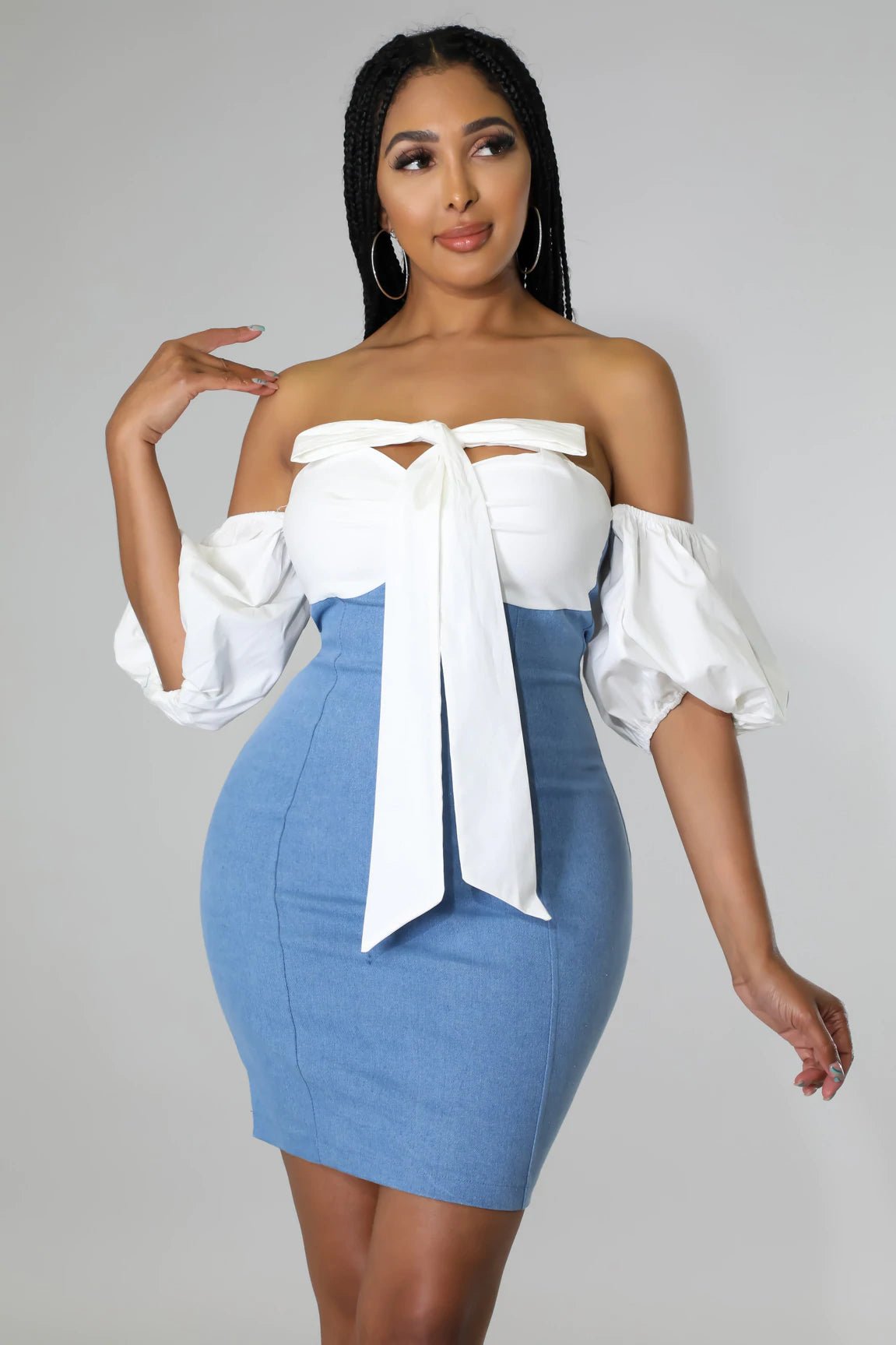 Brunchin' Off The Shoulder Denim Mini Dress Medium Wash - Ali’s Couture