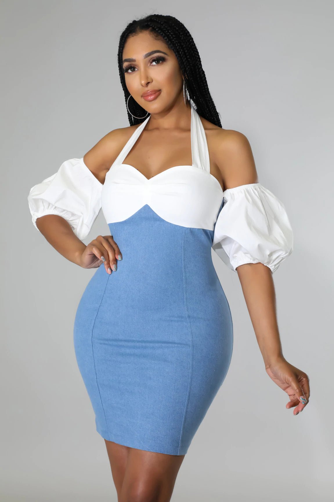 Brunchin' Off The Shoulder Denim Mini Dress Medium Wash - Ali’s Couture