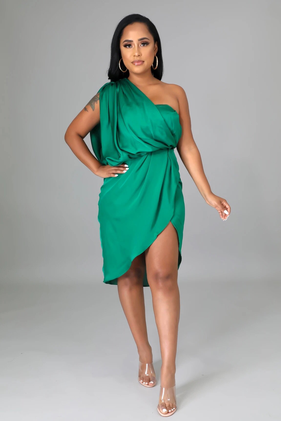 Champagne Toast One Shoulder Satin Midi Dress Green | Alis Couture, Small Champagne Toast One Shoulder Satin Midi Dress Green | Alis Couture, Small