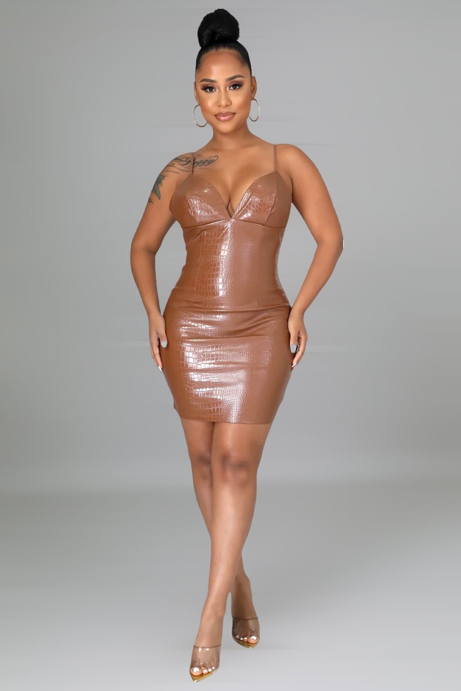Cybill Faux Leather Mini Dress Cognac Brown | Alis Couture, Small Cybill Faux Leather Mini Dress Cognac Brown | Alis Couture, Small
