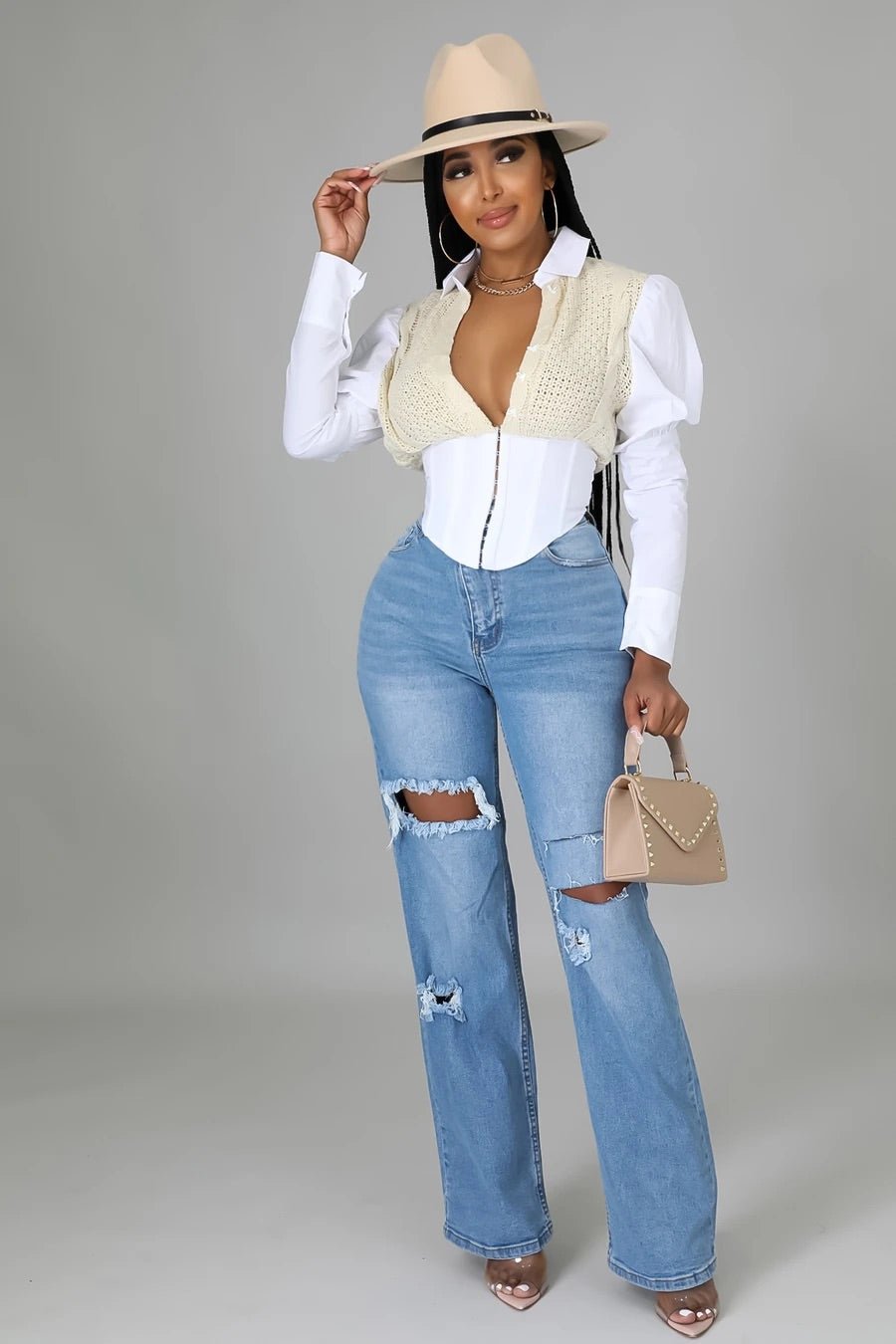 Dinah High Rise Distressed Jeans Medium Wash - Ali’s Couture