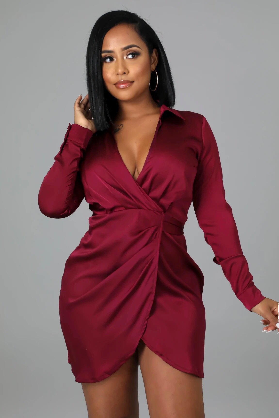 Divina Wrap Satin Mini Dress Burgundy | Ali's Couture Ali's Couture Divina Wrap Satin Mini Dress Burgundy | Ali's Couture Ali's Couture