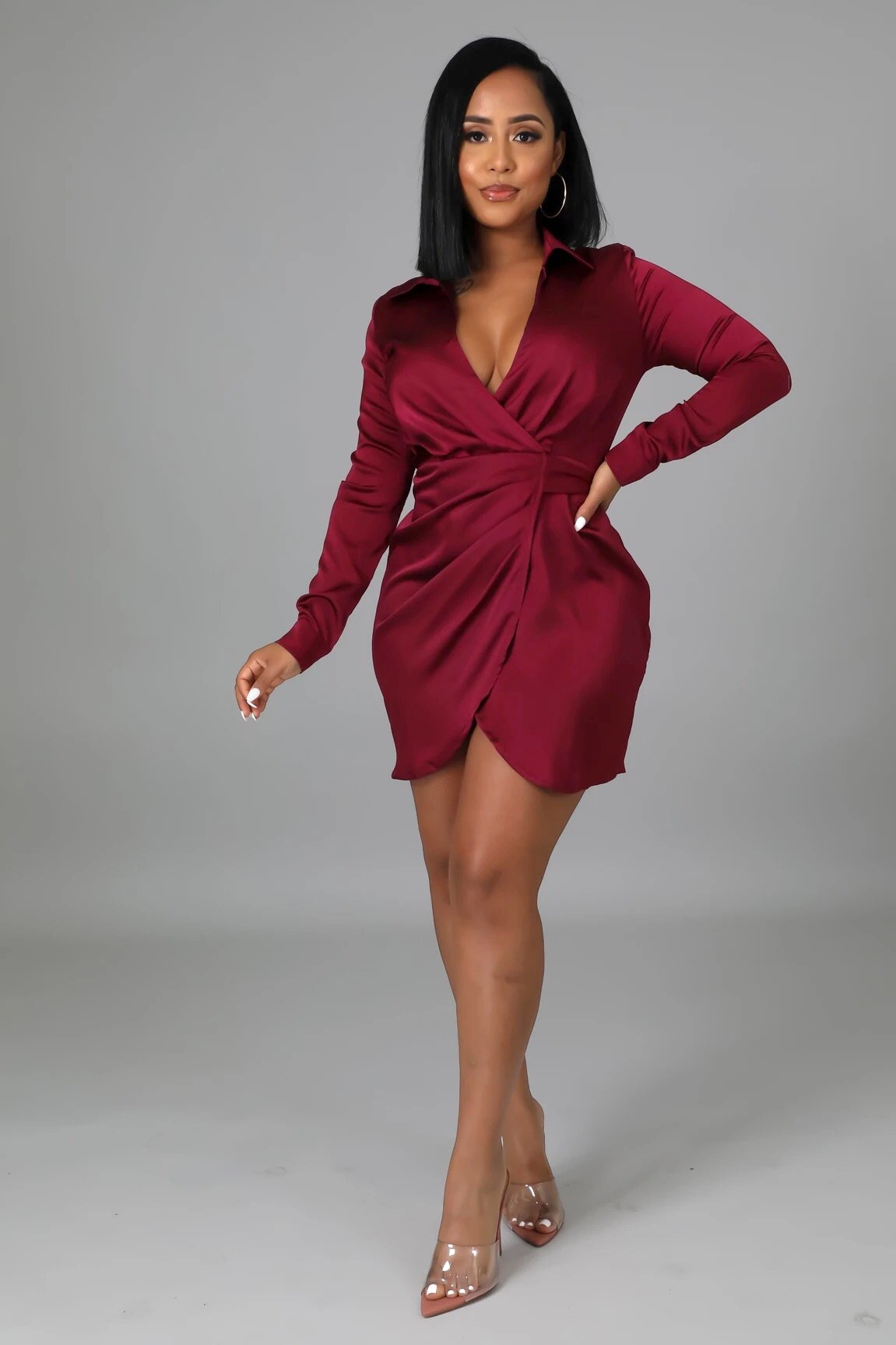 Divina Wrap Satin Mini Dress Burgundy - Ali’s Couture