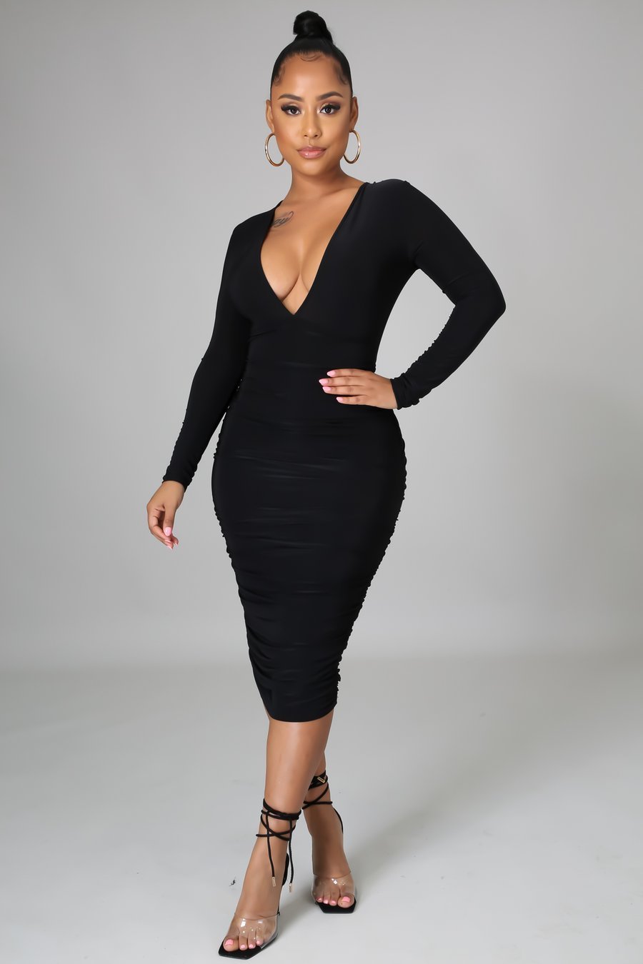 black ruched midi dress Wren Ruched Midi Dress-Black