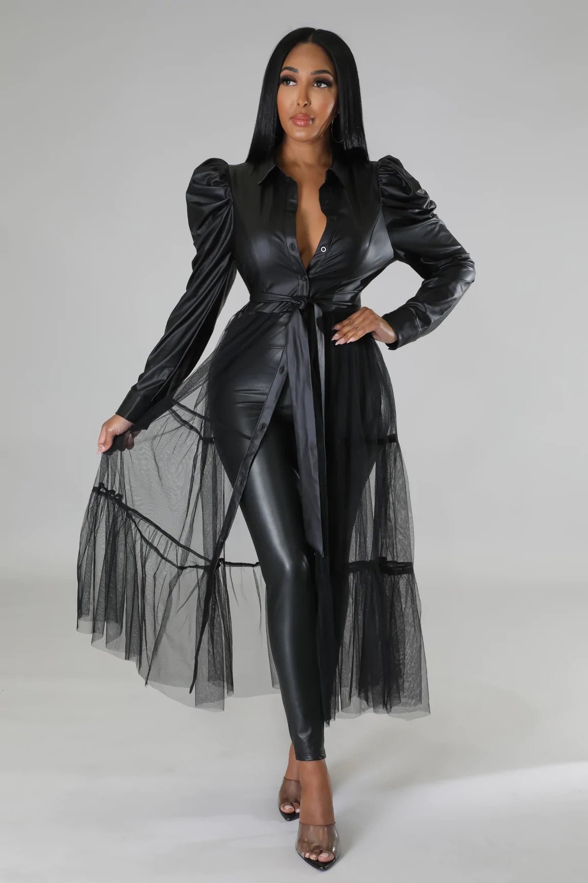 Gia Tulle Faux Leather Top Black - Ali’s Couture