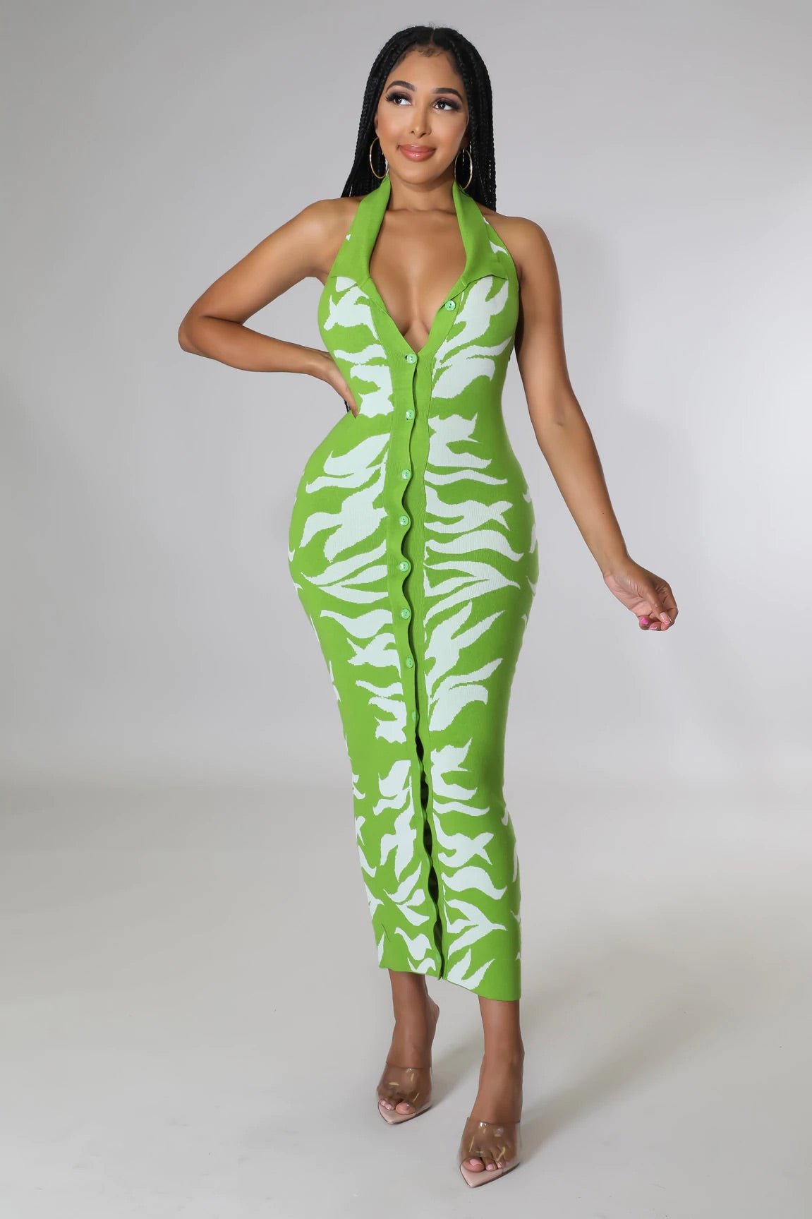 Grapevine Halter Knit Leaf Print Midi Dress Green - Ali’s Couture