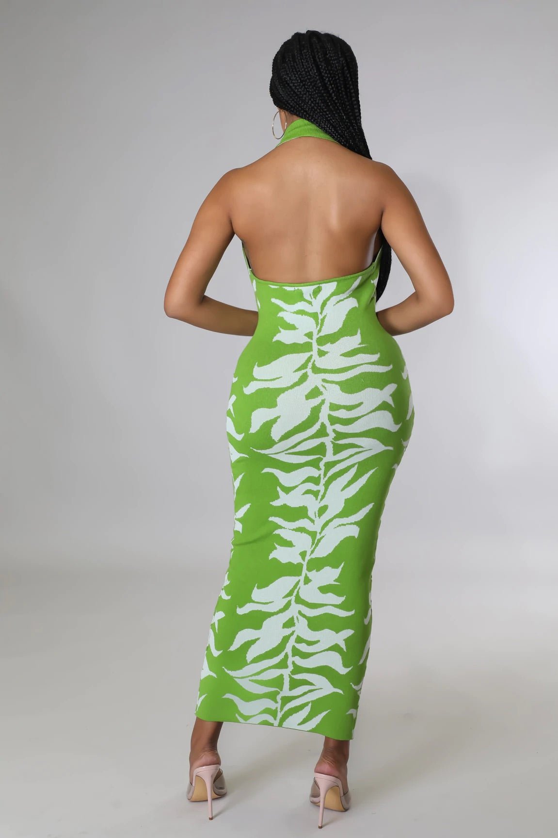 Grapevine Halter Knit Leaf Print Midi Dress Green - Ali’s Couture