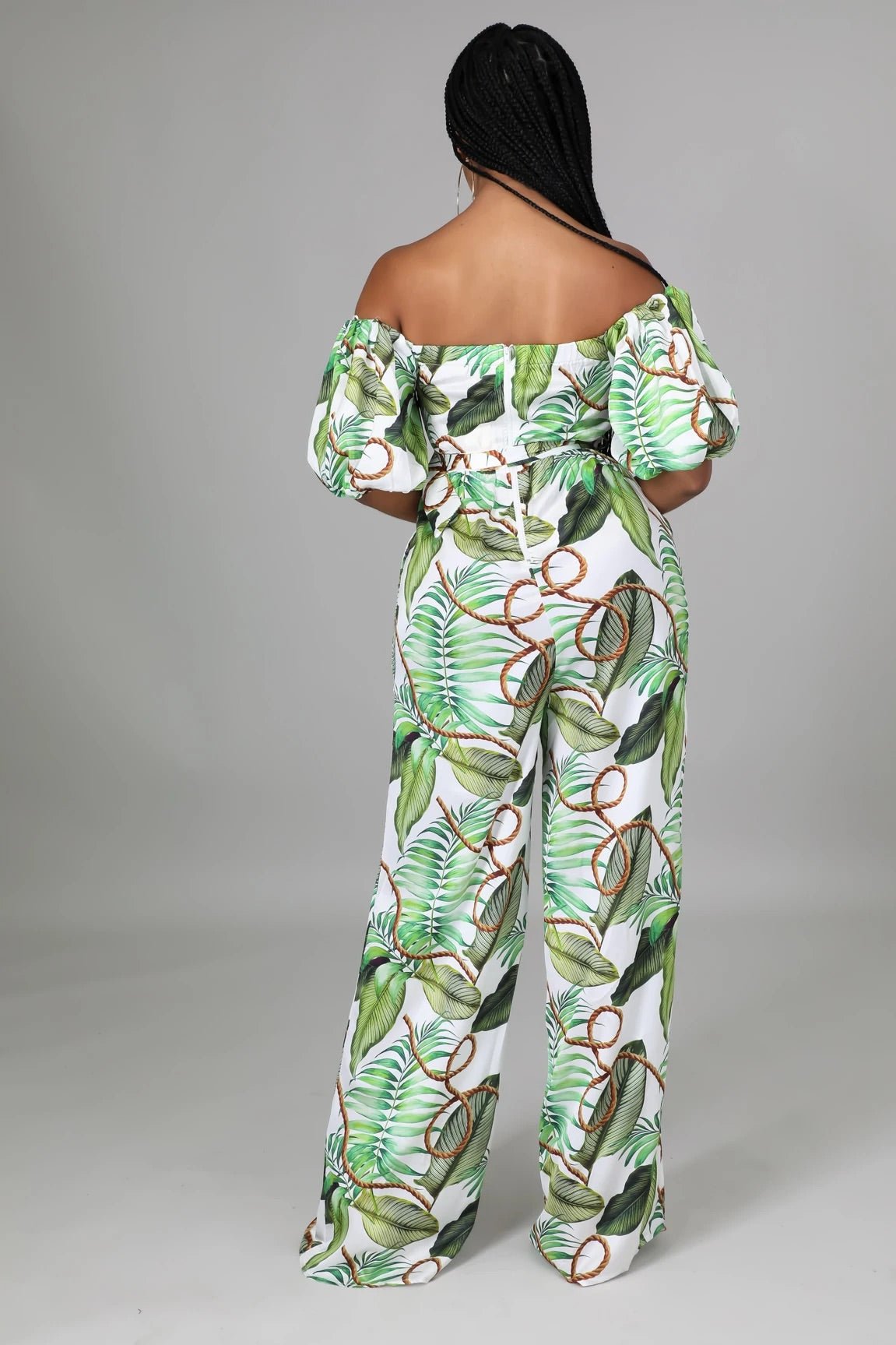 Havana Honey Off The Shoulder Tropical Jumpsuit Green - FINAL SALE - Ali’s Couture