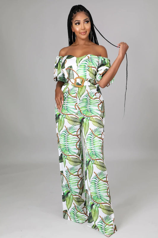 Havana Honey Off The Shoulder Tropical Jumpsuit Green - FINAL SALE - Ali’s Couture